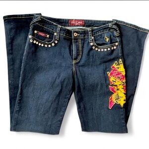 Baby Phat Dark Blue Boot Cut Jeans with Yellow & Pink Embroidered Patch